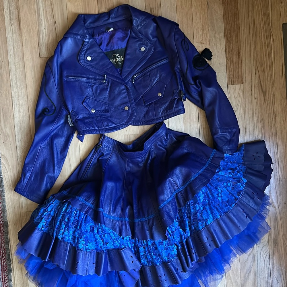 Vintage Royal Blue Leather Jacket and Skirt Ensemble